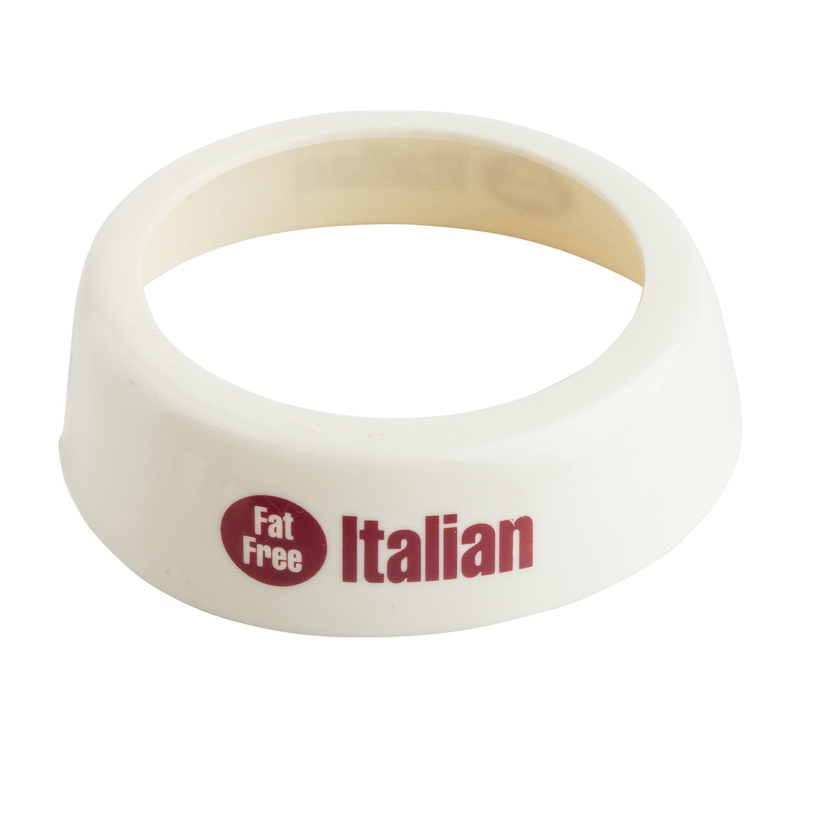 A white plastic Dispenser ID Collar with a wide, flat band. The outside is printed "Fat Free Italian" in bold red letters, resembling a salad dressing label from TableCraft. The inside of the ring is plain.