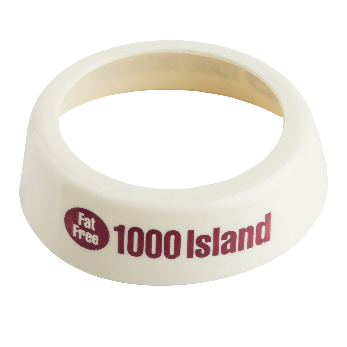 A white plastic Dispenser ID Collar from TableCraft Products, featuring “Fat Free 1000 Island” in bold red letters. The circular collar fits around a bottle neck, serving as a clear label for salad dressing bottles.