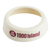 A white plastic Dispenser ID Collar from TableCraft Products, featuring “Fat Free 1000 Island” in bold red letters. The circular collar fits around a bottle neck, serving as a clear label for salad dressing bottles.