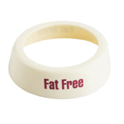 A cream-colored Dispenser ID Collar with a wide, slightly sloped band. “Fat Free” is printed in bold red letters on the outer side. Made by TableCraft Products, it features a smooth, glossy surface and a simple design against a plain white background.
