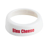 A white bowl with red text, perfect for serving Bleu Cheese, from TableCraft’s Dispenser ID Collar collection.