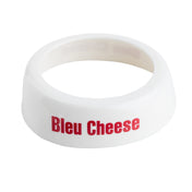 A white bowl with red text, perfect for serving Bleu Cheese, from TableCraft’s Dispenser ID Collar collection.
