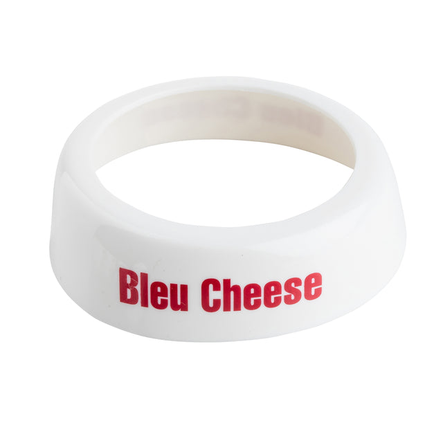 A white bowl with red text, perfect for serving Bleu Cheese, from TableCraft’s Dispenser ID Collar collection.