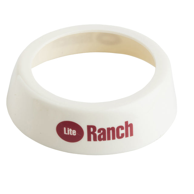 A white plastic Dispenser ID Collar by TableCraft Products, featuring "Lite Ranch" printed in red on the outer side. The ring is angled to reveal its inner beige surface, set against a plain white background.