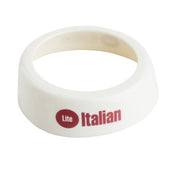 A white plastic Dispenser ID Collar from TableCraft Products with a wide bottom and narrow top, featuring "Lite Italian" in bold red lettering and a red circle beside "Lite." The collar is plain, with no other designs or markings.