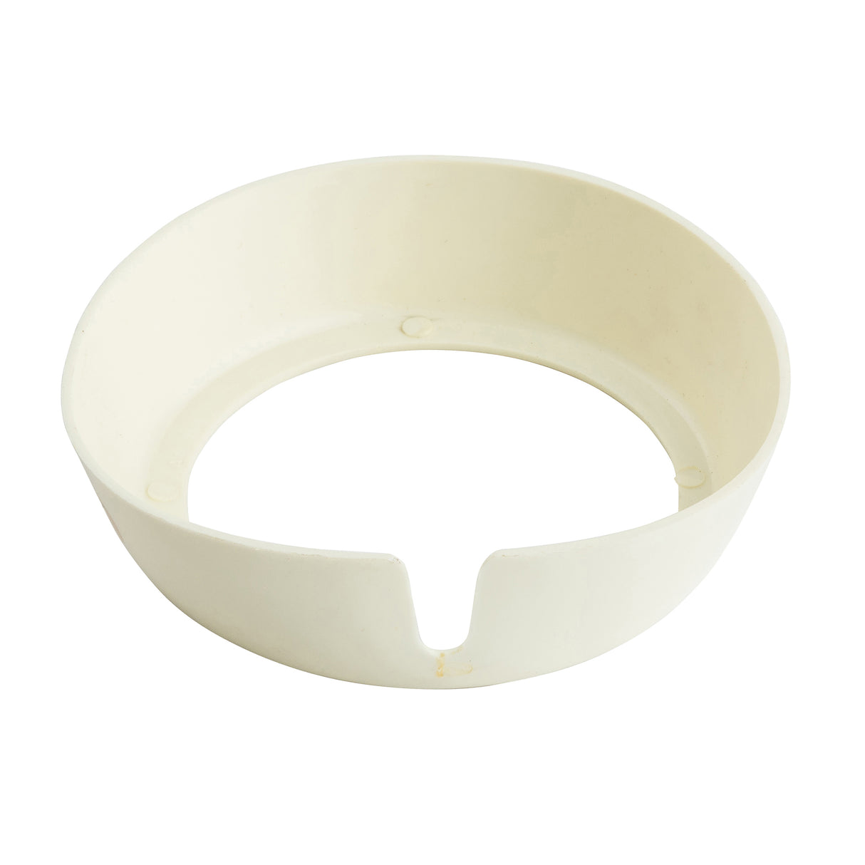 A white, round plastic Dispenser ID Collar with tall sides and a single notch on one edge. The center is open, creating a smooth circular frame. Photographed on a plain background, this Lite French collar is from TableCraft Products.
