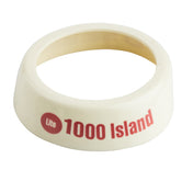 A white plastic Dispenser ID Collar with a wide, flat base. Printed in red is “Lite 1000 Island,” with a red circle featuring “Lite.” The ring from TableCraft Products is photographed on a white background.