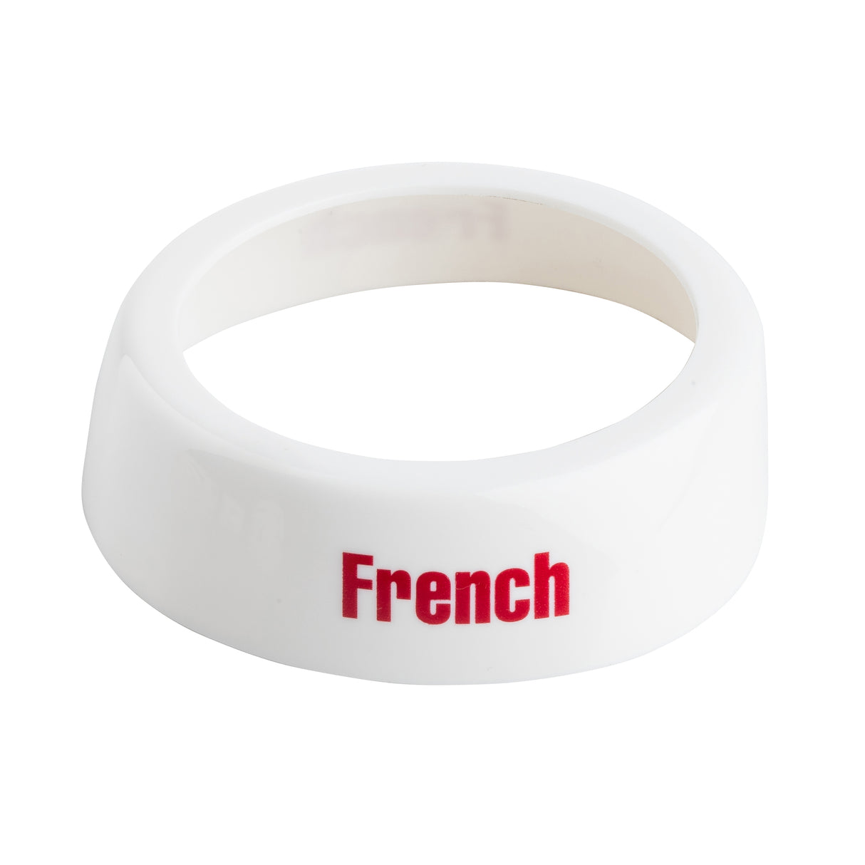 A white plastic TableCraft Dispenser ID Collar with the word French printed in bold red letters on its side. The ring has a smooth, glossy finish, a simple, slightly wide and flat design, and is dishwasher safe. The background is plain white.
