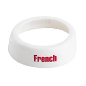 A white plastic TableCraft Dispenser ID Collar with the word French printed in bold red letters on its side. The ring has a smooth, glossy finish, a simple, slightly wide and flat design, and is dishwasher safe. The background is plain white.