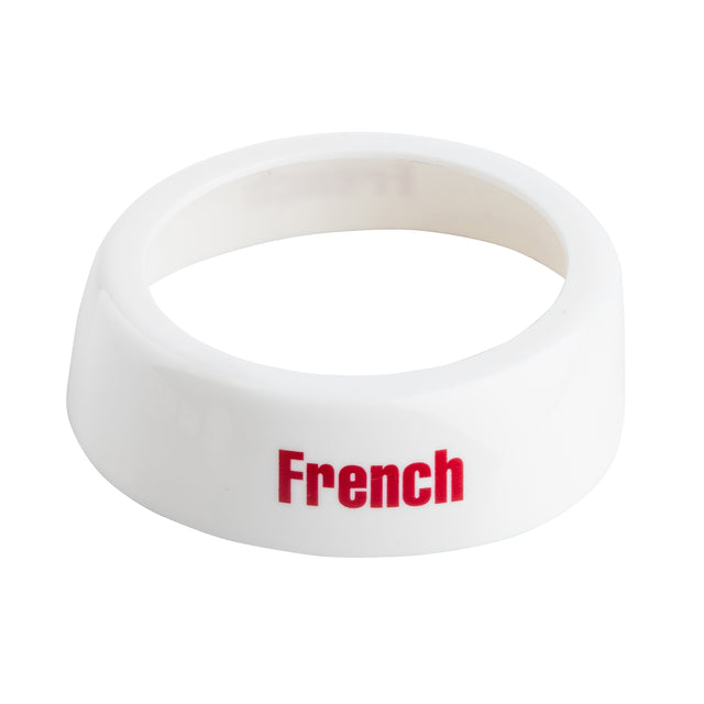 A white plastic TableCraft Dispenser ID Collar with the word French printed in bold red letters on its side. The ring has a smooth, glossy finish, a simple, slightly wide and flat design, and is dishwasher safe. The background is plain white.