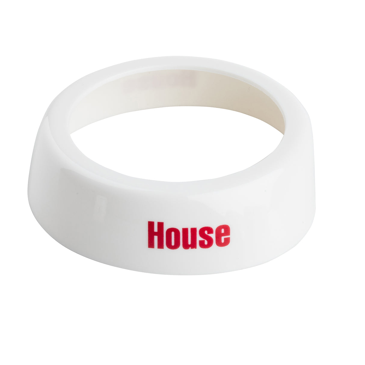 A white, rounded plastic napkin ring with the word House printed in bold red letters on one side. Dishwasher safe and smooth inside, this napkin ring is photographed on a plain white background.