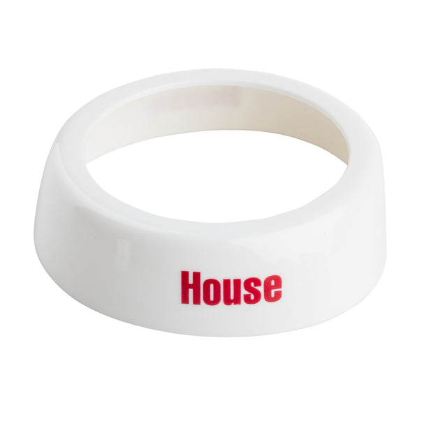 A white, rounded plastic napkin ring with the word House printed in bold red letters on one side. Dishwasher safe and smooth inside, this napkin ring is photographed on a plain white background.
