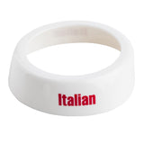 A white plastic ring-shaped Dispenser ID Collar with "Italian" printed in bold red letters on its glossy, smooth surface. Made by TableCraft, it stands out against the plain white background.