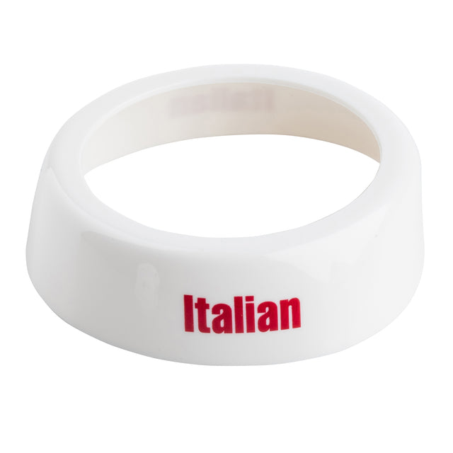 A white plastic ring-shaped Dispenser ID Collar with "Italian" printed in bold red letters on its glossy, smooth surface. Made by TableCraft, it stands out against the plain white background.