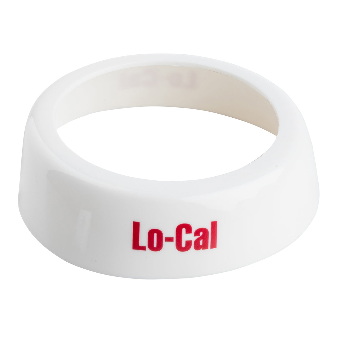 A white Dispenser ID Collar napkin ring with "Lo-Cal" printed in bold red on the front. With a smooth, glossy finish and wide base, this TableCraft accessory is perfect for organized, stylish tabletops against a plain white background.