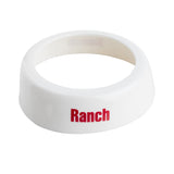 A white, round, plastic dipping cup with a wide, flat rim from TableCraft. The word “Ranch” is printed in bold red letters on the side. Dishwasher safe, with a smooth and clean interior, this cup is empty and isolated on a white background.