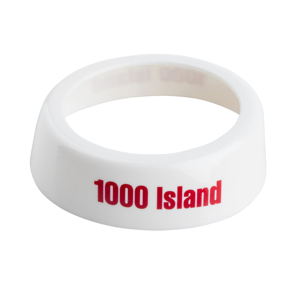 A glossy white Dispenser ID Collar with “1000 Island” in bold red letters. The ring-shaped TableCraft collar, smooth to the touch, fits around a bottle or dispenser, identifying its contents—perfect for organizing salad dressing containers.