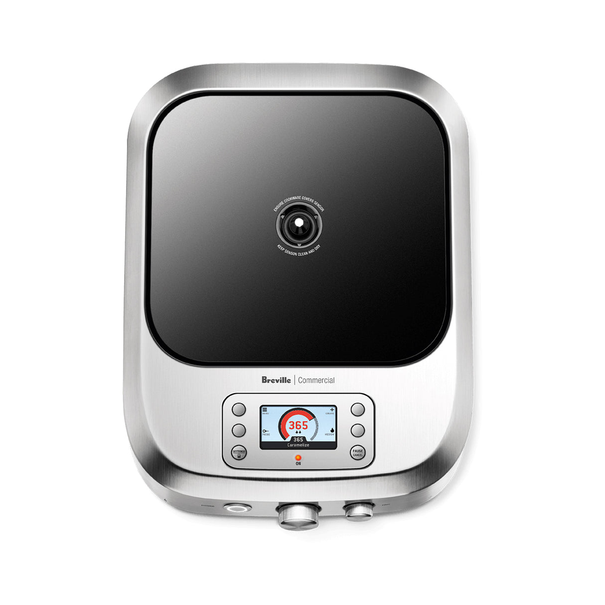 A top-down view of the Breville Control Freak commercial induction stove with a black glass cooking surface. Below the cooktop, there’s a digital display showing 36.5°C and control buttons, all within a sleek stainless steel frame and rounded edges.