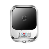 A top-down view of the Breville Control Freak commercial induction stove with a black glass cooking surface. Below the cooktop, there’s a digital display showing 36.5°C and control buttons, all within a sleek stainless steel frame and rounded edges.