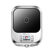 A top-down view of the Breville Control Freak commercial induction stove with a black glass cooking surface. Below the cooktop, there’s a digital display showing 36.5°C and control buttons, all within a sleek stainless steel frame and rounded edges.