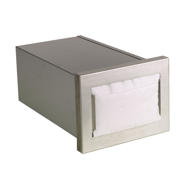 A rectangular stainless steel napkin dispenser holds white napkins visible through an opening in the flat front panel. The metallic box features a simple, modern design with clean lines and a slightly reflective surface. The sides are plain and unadorned.