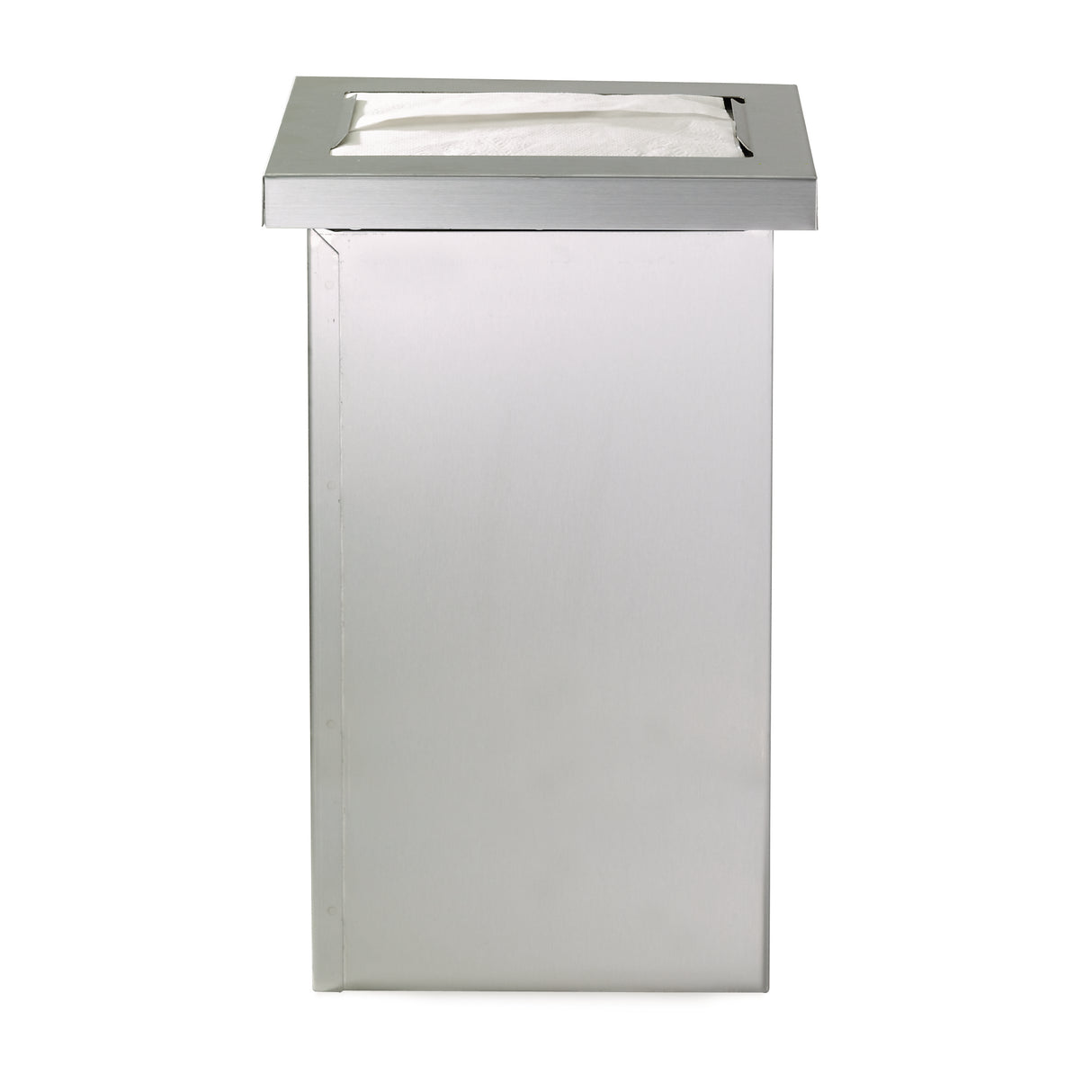A stainless steel rectangular trash can with a flat top opening features a built-in, neatly lined white trash bag. The metal surface is smooth with a reflective finish, giving it a modern look. The background is plain and white.