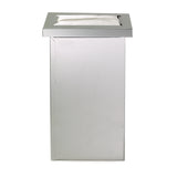 A stainless steel rectangular trash can with a flat top opening features a built-in, neatly lined white trash bag. The metal surface is smooth with a reflective finish, giving it a modern look. The background is plain and white.