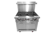 A commercial stainless steel restaurant range with six gas burners and front control knobs. It includes a spacious Bake-n-Roast oven below, a raised backsplash, and wheels for mobility—ideal for professional kitchens with a modern, industrial design.