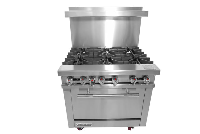 A commercial stainless steel restaurant range with six gas burners and front control knobs. It includes a spacious Bake-n-Roast oven below, a raised backsplash, and wheels for mobility—ideal for professional kitchens with a modern, industrial design.