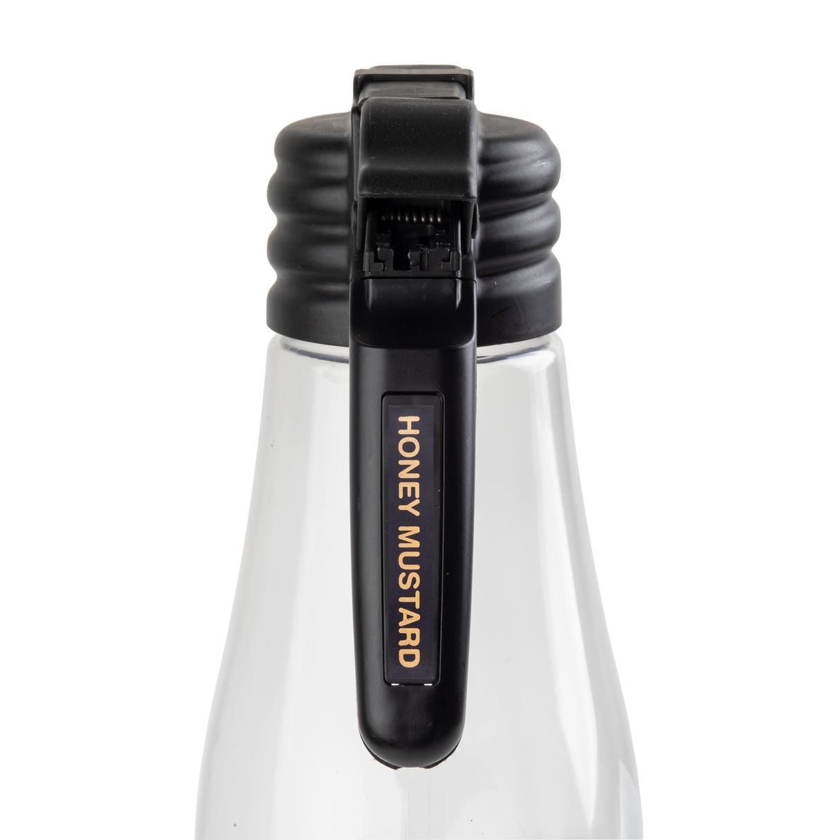 A clear, dishwasher safe bottle with a black flip-top lid, viewed from the front. The lid features a Name Tag label that reads “HONEY MUSTARD” in bold yellow letters on this simple glass or clear plastic container.