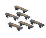 This TableCraft Products name tag set includes six black plastic condiment labels with orange text. Each dishwasher safe label—FAT FREE ITALIAN, HOUSE, FRENCH, BLEU CHEESE, 1000 ISLAND, and RANCH—has clips for easy container attachment.