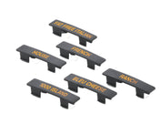 This TableCraft Products name tag set includes six black plastic condiment labels with orange text. Each dishwasher safe label—FAT FREE ITALIAN, HOUSE, FRENCH, BLEU CHEESE, 1000 ISLAND, and RANCH—has clips for easy container attachment.