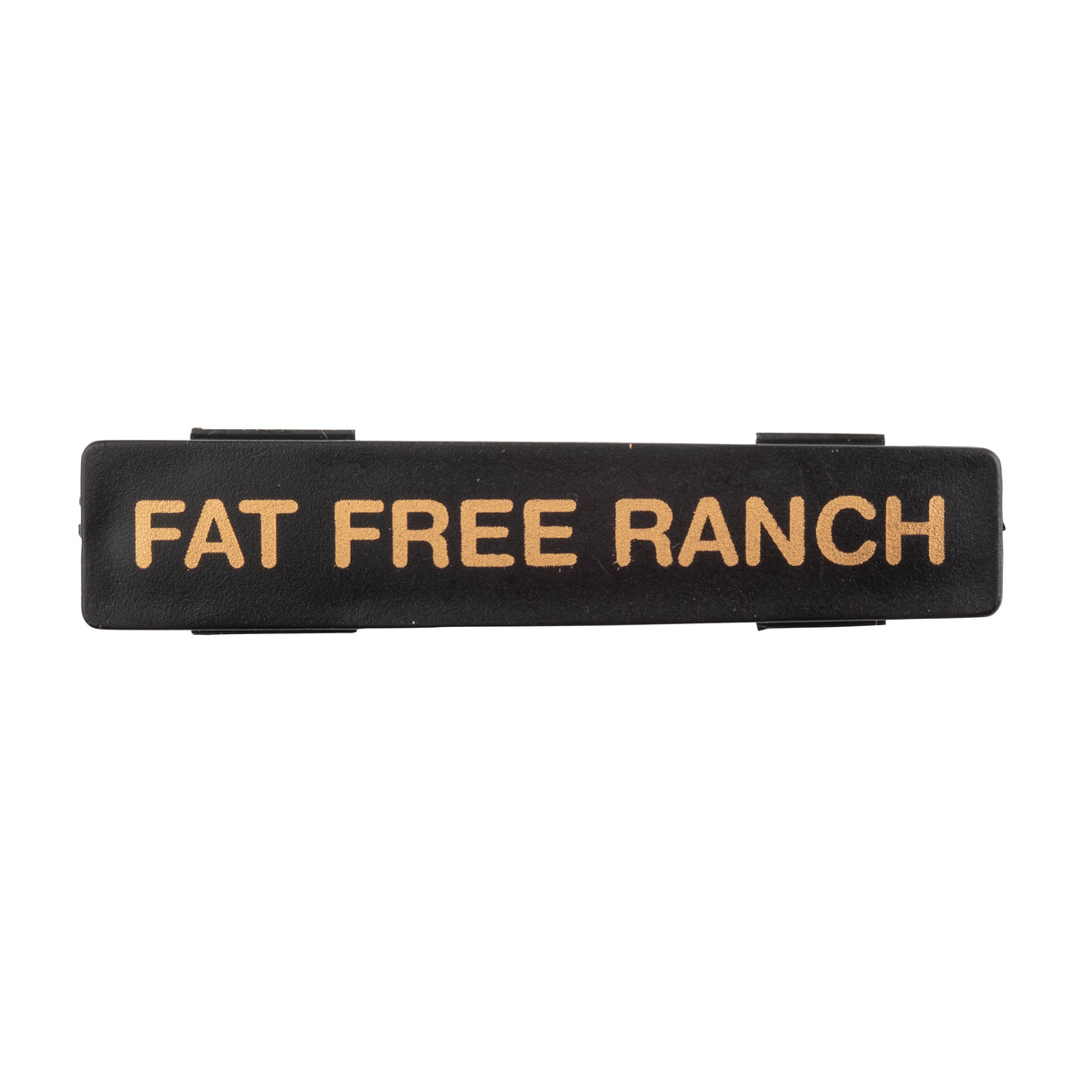 A black rectangular TableCraft object with gold text, perfect as a stylish name tag.
