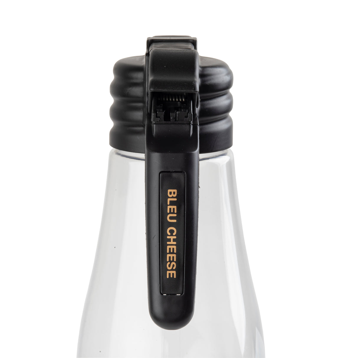 A clear salad dressing dispenser with a black flip-top lid is shown close up. The lid features a vertical name tag that reads BLEU CHEESE in gold uppercase letters. The white background keeps the focus on the bottle’s cap and label.