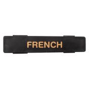 A black rectangular polypropylene nameplate with the word FRENCH in bold, uppercase, gold letters at the center. This name tag is photographed against a white background and is dishwasher safe for easy cleaning.