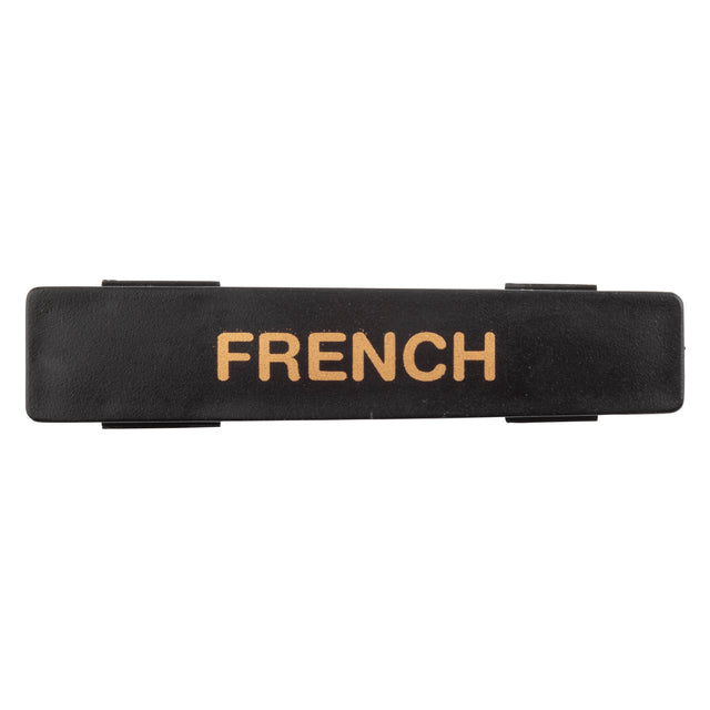 A black rectangular polypropylene nameplate with the word FRENCH in bold, uppercase, gold letters at the center. This name tag is photographed against a white background and is dishwasher safe for easy cleaning.