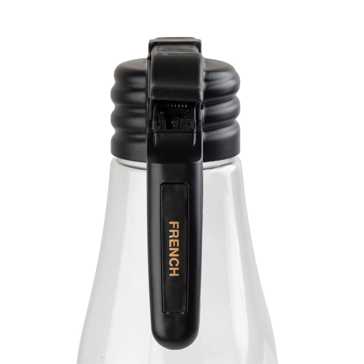 A close-up of a clear glass bottle with a black polypropylene flip-top lid. The lid features a lever labeled “FRENCH” in gold letters. The background is plain white, highlighting the dishwasher safe bottle and its distinctive closure mechanism.
