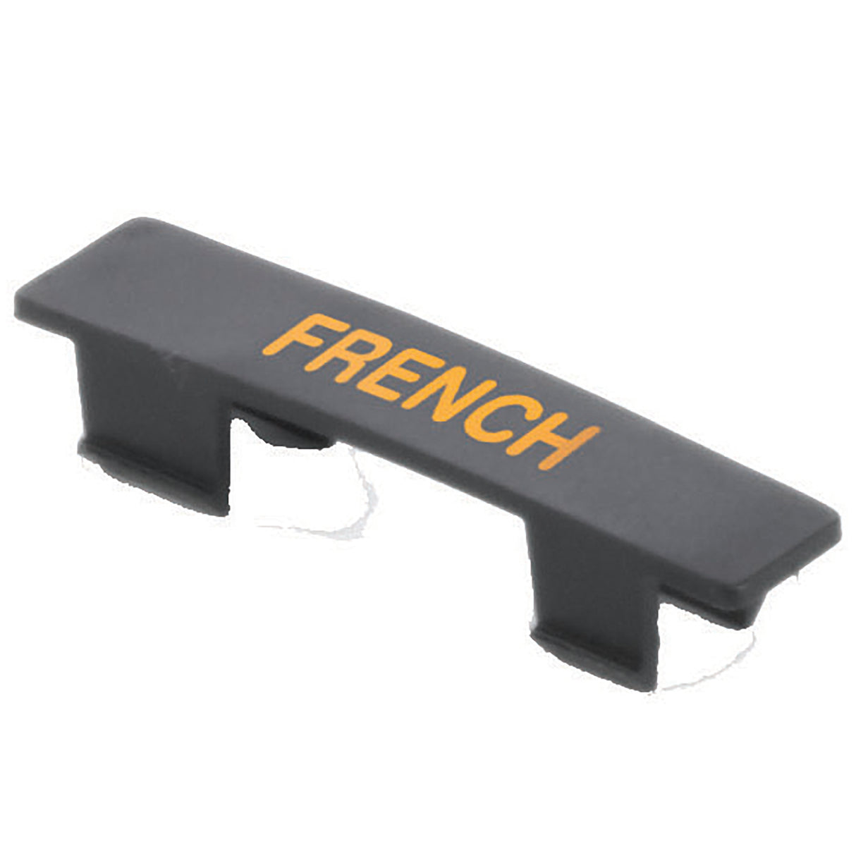 A black polypropylene keycap with the word FRENCH in yellow uppercase letters printed on top. Designed as a name tag for keyboards, it features clips underneath. The keycap is dishwasher safe and set against a plain white background.