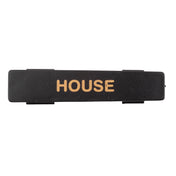 A rectangular black polypropylene name tag with the word HOUSE printed in gold, uppercase letters centered on it. The background is plain white, and the slightly textured nameplate is also dishwasher safe.