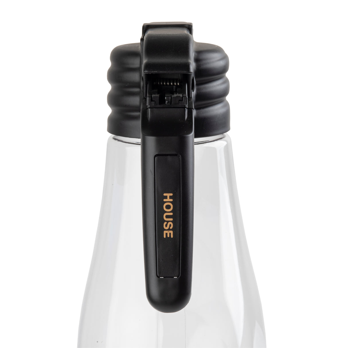 A clear glass bottle with a black flip-top lid made from durable polypropylene. The lid has a wide, ribbed grip and a vertical handle labeled HOUSE in gold capital letters. Shown from the front against a plain white background.
