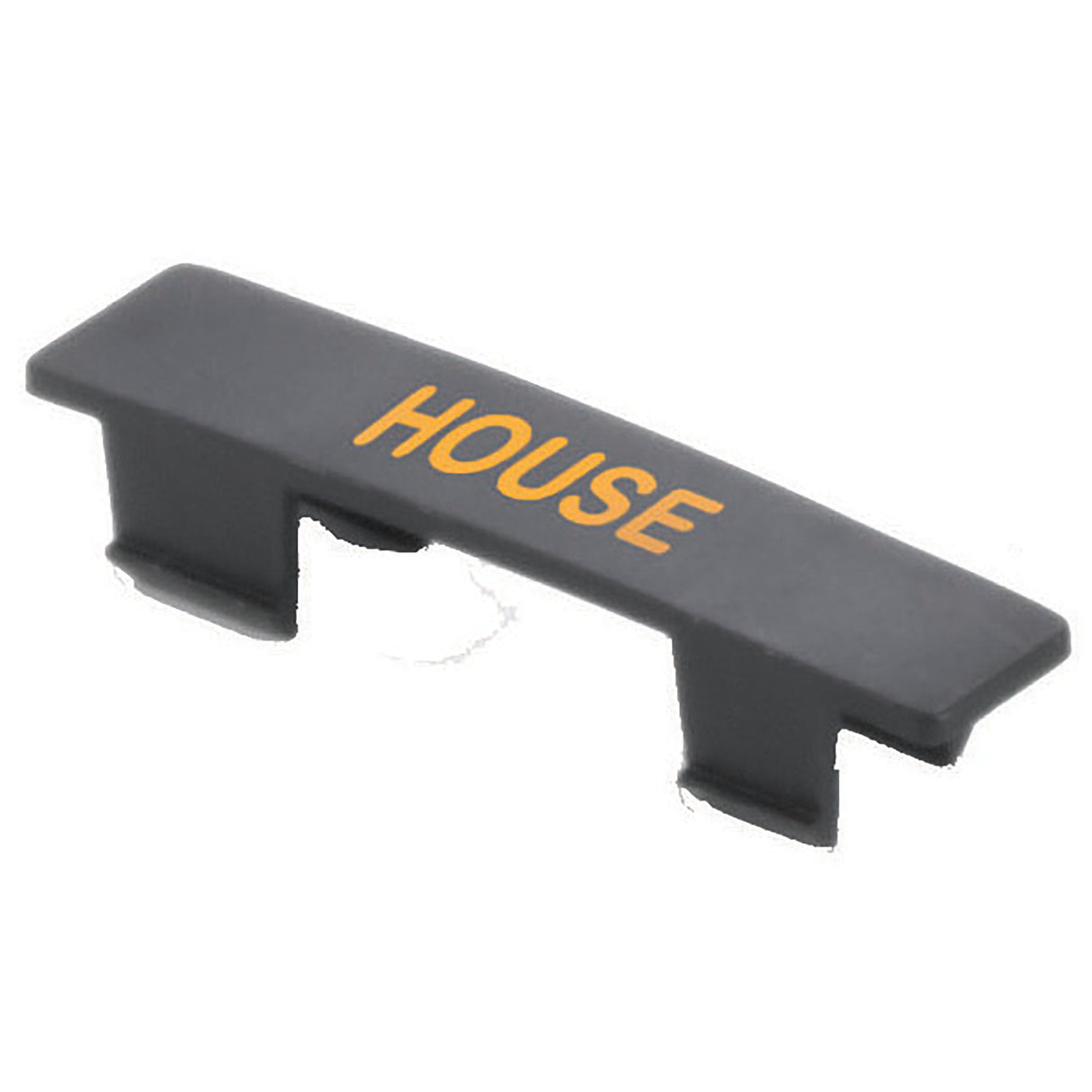 A black rectangular polypropylene keycap with the word HOUSE printed in yellow capitals on top. With two legs for keyboard attachment, this dishwasher safe item also works as a name tag, pictured against a white background.