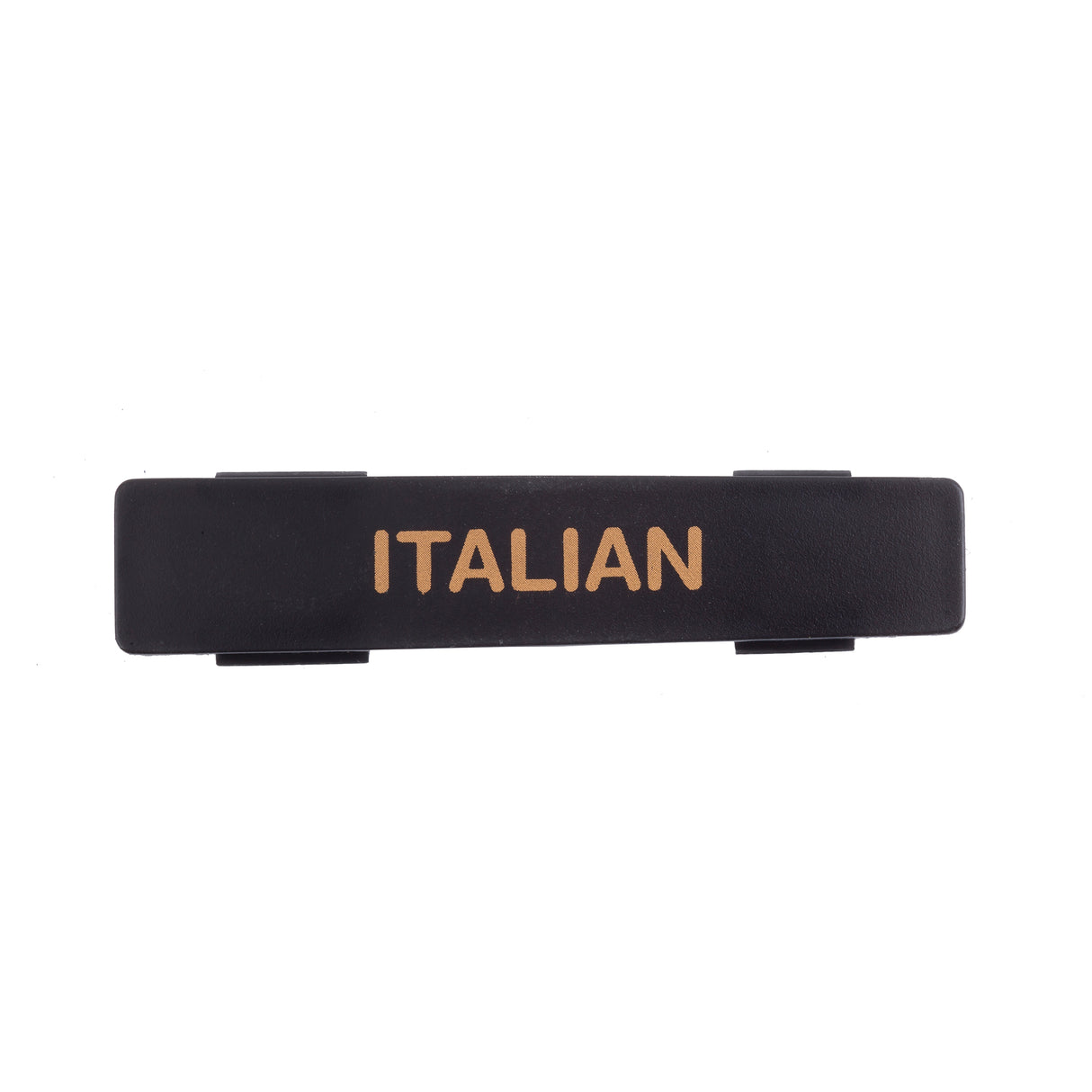 A black rectangular plastic name tag features the word ITALIAN printed in gold capital letters at the center. Dishwasher safe, it is photographed from above against a plain white background.