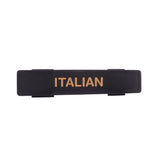 A black rectangular plastic name tag features the word ITALIAN printed in gold capital letters at the center. Dishwasher safe, it is photographed from above against a plain white background.