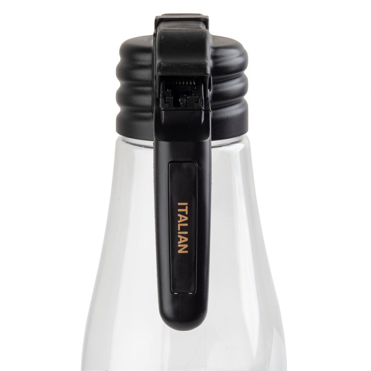 A close-up of a clear, dishwasher safe bottle with a black, ribbed plastic cap and flip-top closure. The word ITALIAN is printed vertically in gold on the black latch, resembling a stylish name tag against the white background.