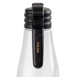 A close-up of a clear, dishwasher safe bottle with a black, ribbed plastic cap and flip-top closure. The word ITALIAN is printed vertically in gold on the black latch, resembling a stylish name tag against the white background.