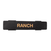 A black rectangular Ranch name tag label with the word RANCH in bold, uppercase, tan letters. Made from dishwasher safe polypropylene, it has clips or tabs on each side and is set against a plain white background.