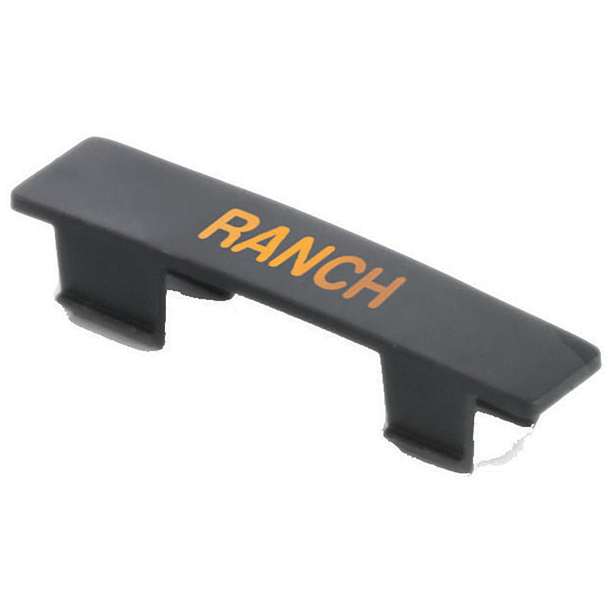 A black polypropylene keycap with the word “RANCH” printed in yellow uppercase letters on top. Featuring two clips on the bottom for easy attachment, this Ranch name tag keycap is set against a plain white background.