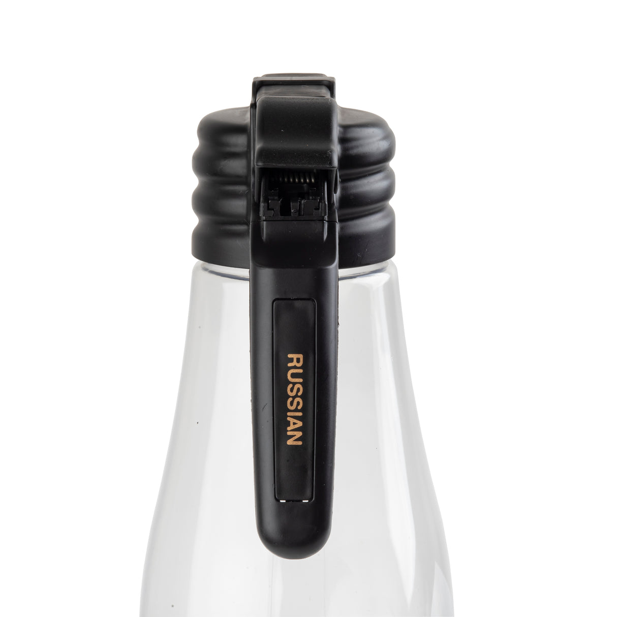A clear glass bottle with a black flip-top cap is shown against a white background. The word RUSSIAN is printed in gold letters on the cap’s latch, which is closed and positioned vertically down the bottle’s neck. This bottle is dishwasher safe.