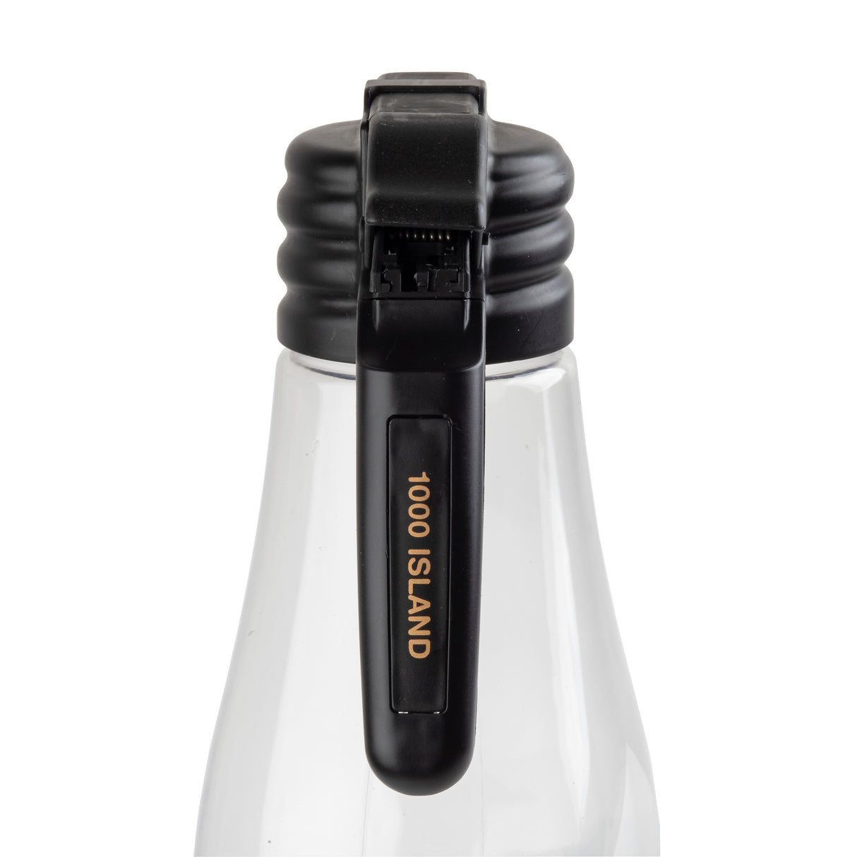 A close-up of a clear plastic bottle with a black flip-top cap labeled "1000 ISLAND" in gold letters. The black handle secures the lid, and a name tag indicates it is dishwasher safe. The background is plain white.