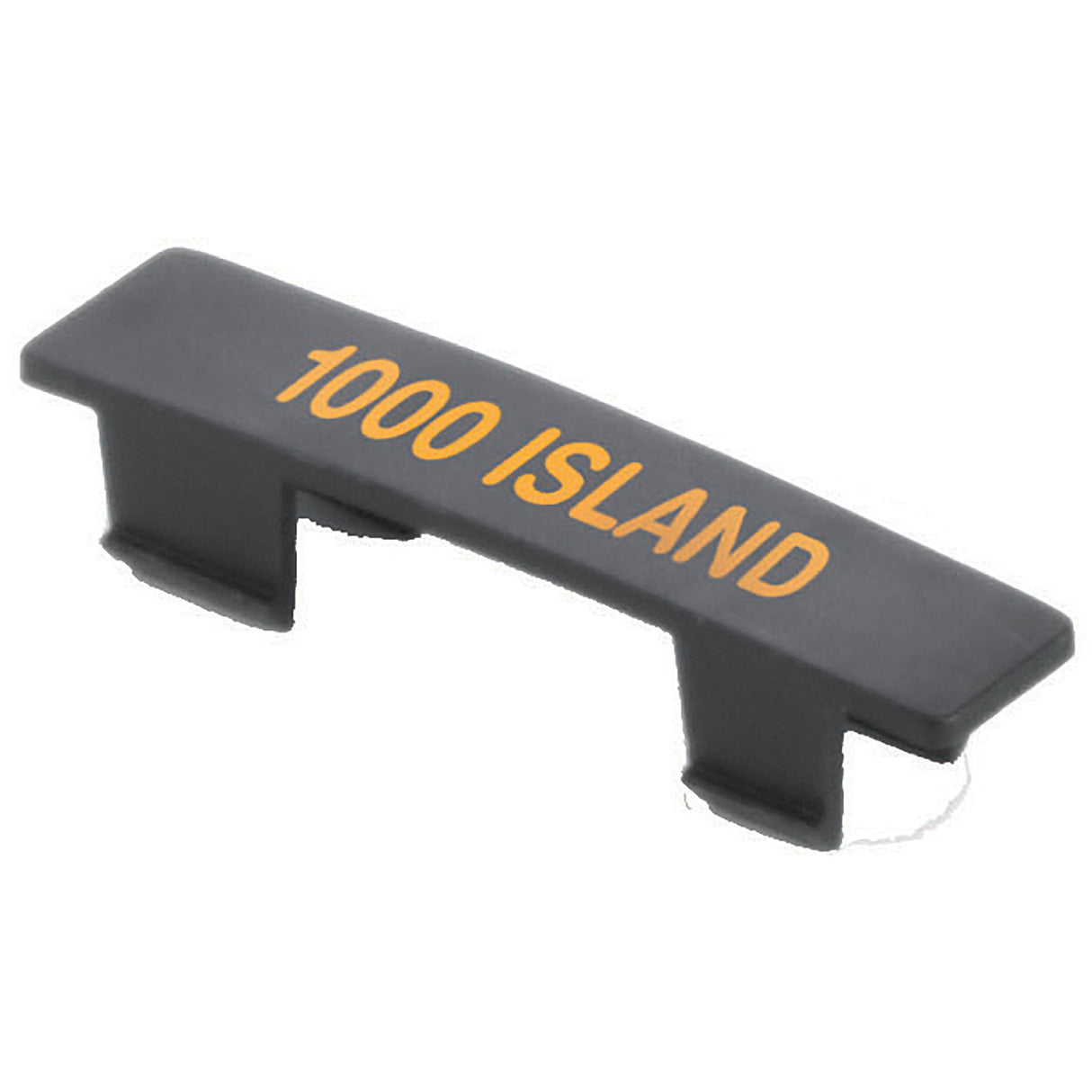 A black plastic keyboard key with "1000 ISLAND" printed in orange-yellow text on top, designed as a unique name tag. The keycap has two clips underneath for attaching to a keyboard. The background is plain white.